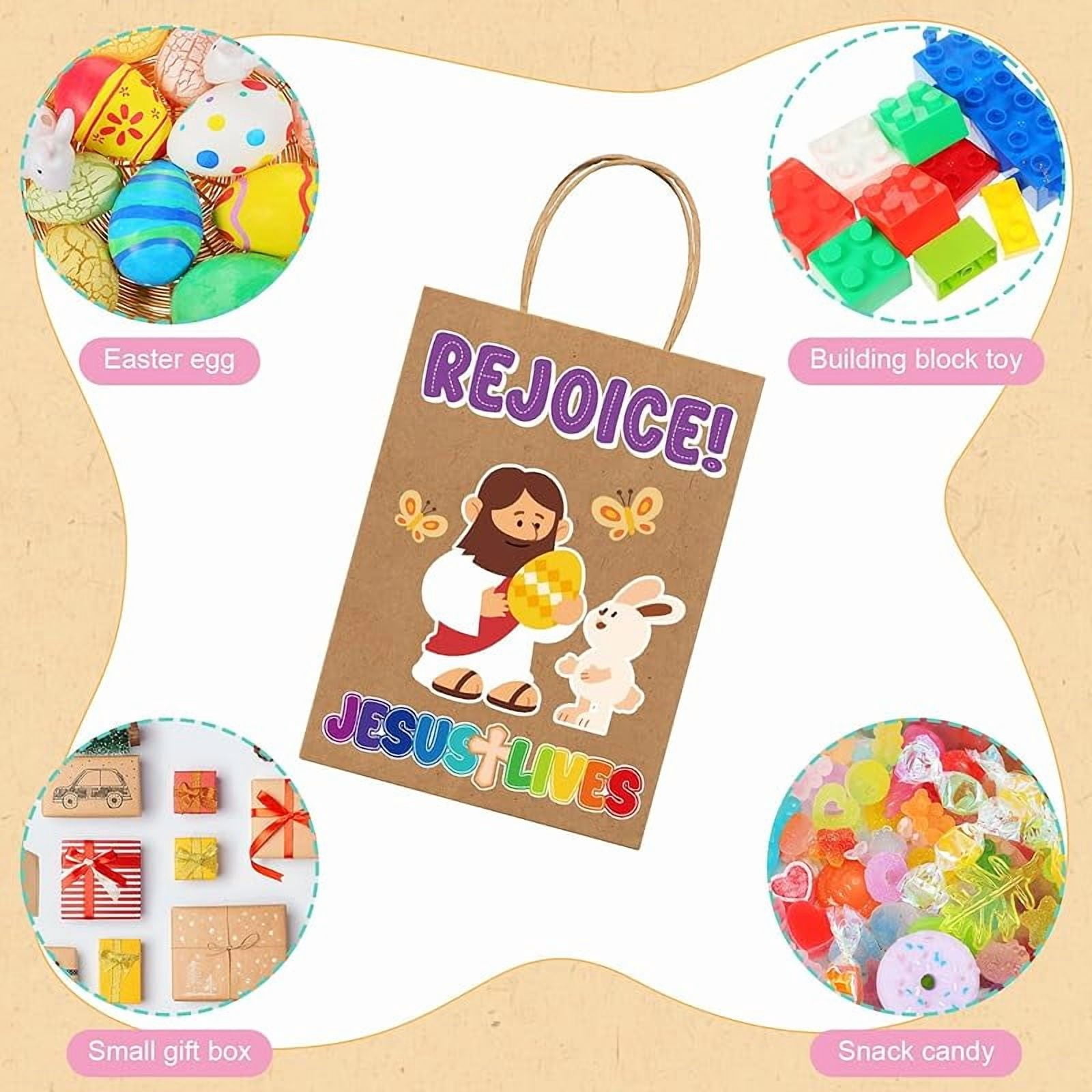 20 Pcs Easter Religious Gift Bags Bulk Christian Kraft Paper Rejoice Goody Bags with Handles Eggs Hunt Easter Theme Bible Sunday School Party Favor