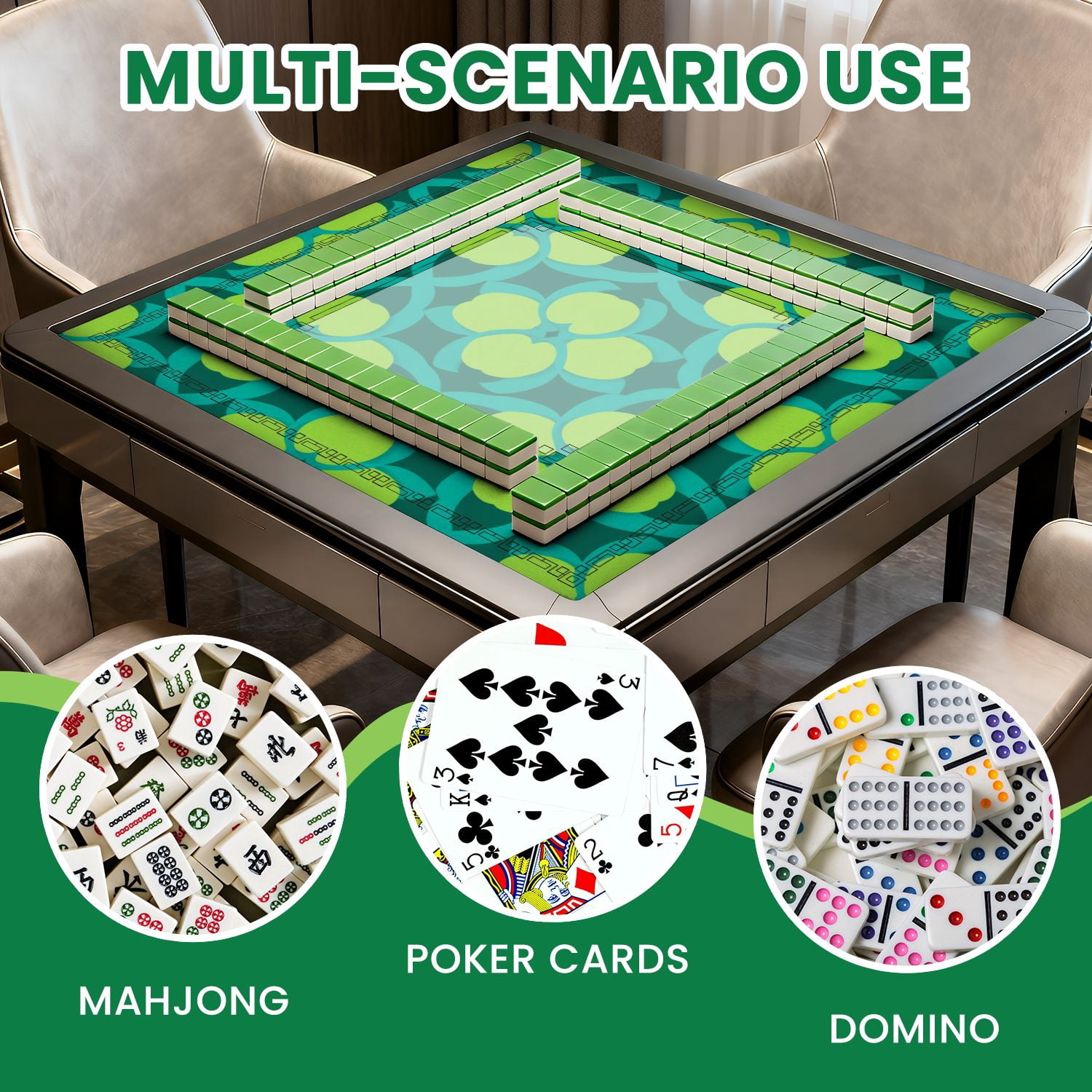 Mahjong Mat 31.5" x 31.5" Geometric Floral Seamless Teal Loops Lime Green Petal Shapes Non-Slip Noise Reduction American Mahjong Tiles Table Cover for Dominoes Poker Card Board Games Gift