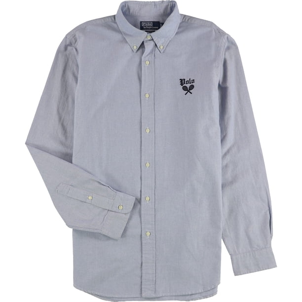 Ralph Lauren Mens Embroidered Oxford Button Up Shirt, navy, L Neck
