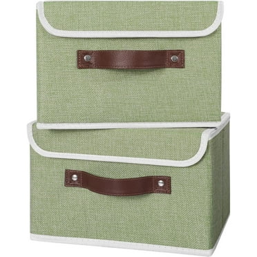 Storage Bin with Lid Storage Boxes with PU Leather Handles PP Plastic Board Decorative Foldable Lidded Cotton Linen Fabric Home Cubes Baskets Closet Organizer Container - Green, Small Size