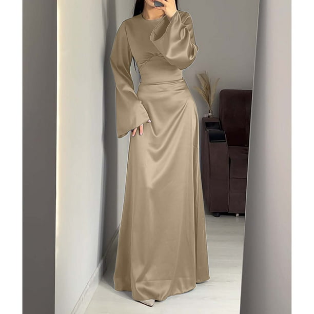 Lndajk Women's Slip Satin Long Dress with Long Sleeves and Round Neck  Elegant Maxi Design Khaki 2XL - Walmart Business Supplies