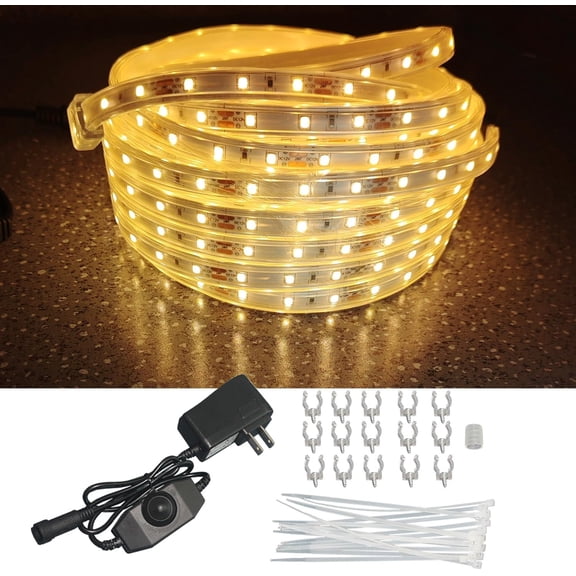 32.8FT Waterproof LED Rope Lights Warm White, Dimmable LED Strip, 12V Flat Outdoor String Light, Flexible Rope Lighting for Indoor Bedroom Deck Patio Christmas Camping