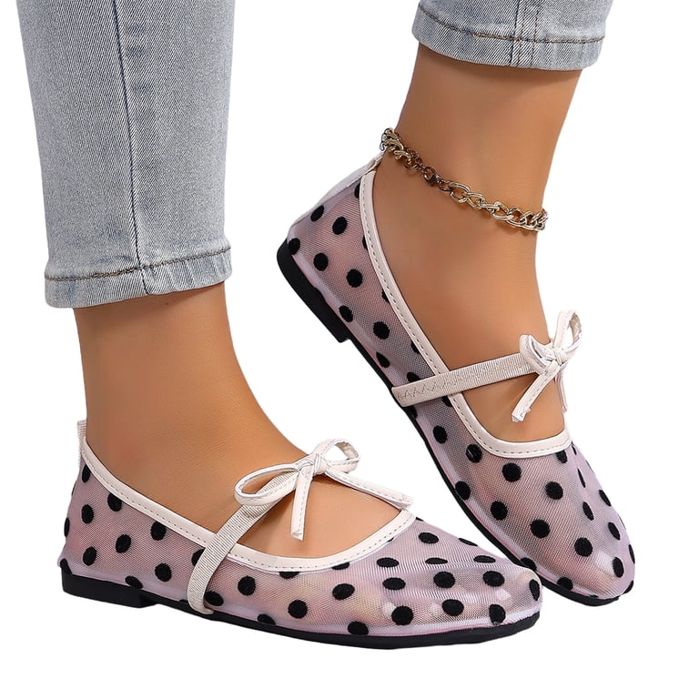 HTHLVMD Cute Casual Dress Shoes, Daily Wear Flats, Womens Mary Jane Flats, Women's Polka Dots Mesh Ballet Flats Bowknot Pointed Toe Ballerina Flats 