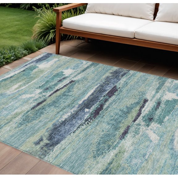HomeRoots 612483 9 x 12 ft. Sage, Teal Blue & Navy Blue Abstract Washable Indoor & Outdoor Rectangle Area Rug