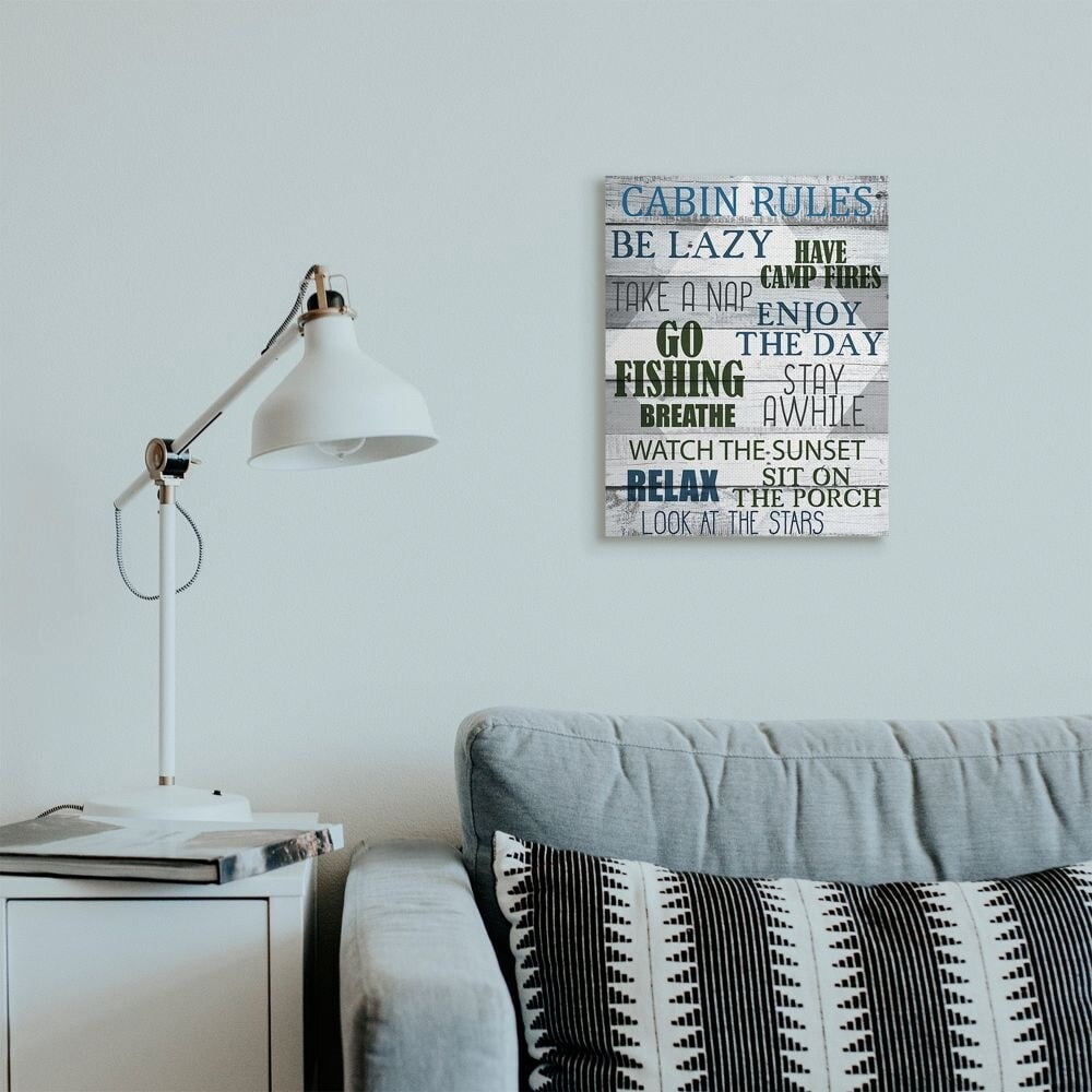 Stupell Industries Cabin Rules Phrases Rustic Grain Green Black Blue Words Canvas Wall Art Design by Kim Allen, 36" x 48"
