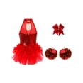 thumbnail image 2 of dPois Costume de Pom-Pom Girl pour Filles Enfants Tenue de Cheerleading Robe Justaucorps à Col Montant à Paillettes avec Rouge 10, 2 of 5