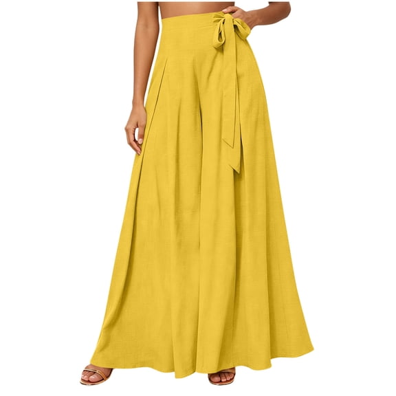 Lenpel Womens Wide Leg Pants Fashion Pleated Tie Front High Waist Palazzo Culottes Casual Beach Vacation Outfits