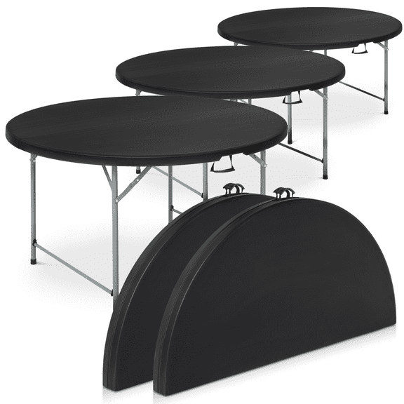 MoNiBloom 5Ft Foldable Plastic Table Set of 5, Heavy Duty Round Indoor Outdoor Desk for Kitchen Party Wedding, Black