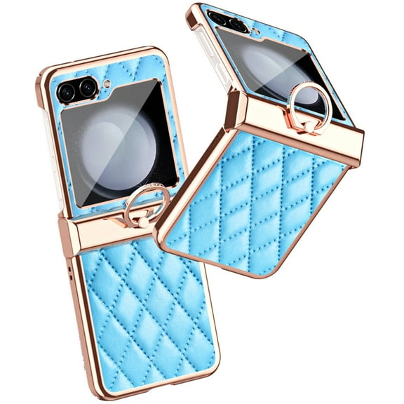 Decase for Samsung Galaxy Z Flip 5 New Slim Case with Diamond Ring Kickstand,Elegant Style PU Leather Plating Bumper Shockproof Case with Hinge Protection for Samsung Galaxy Z Flip5 5G 2023,Blue