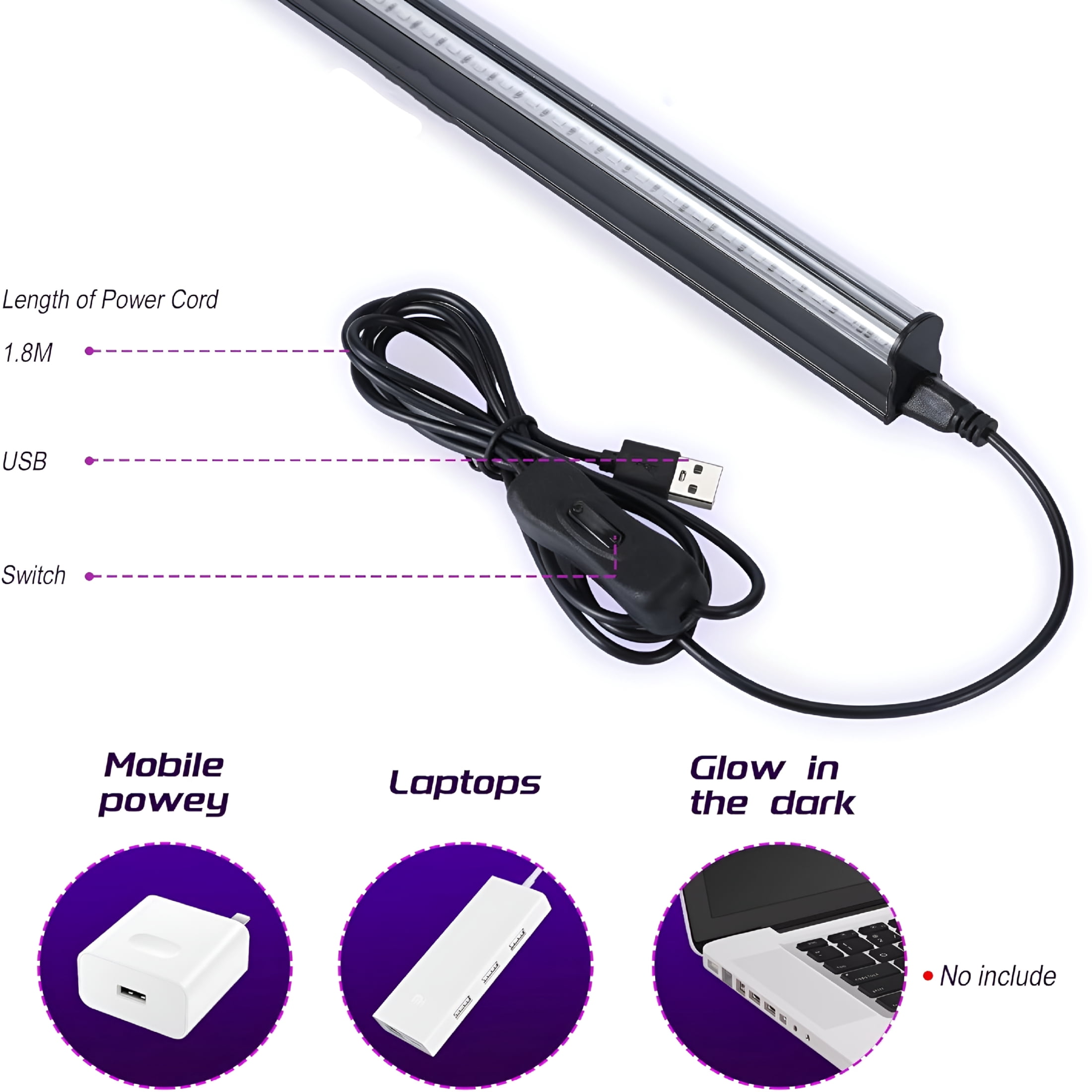 HBMYN 5W Led Blacklight Strip Lights with Usb Power 2 Pack Black Light Bar