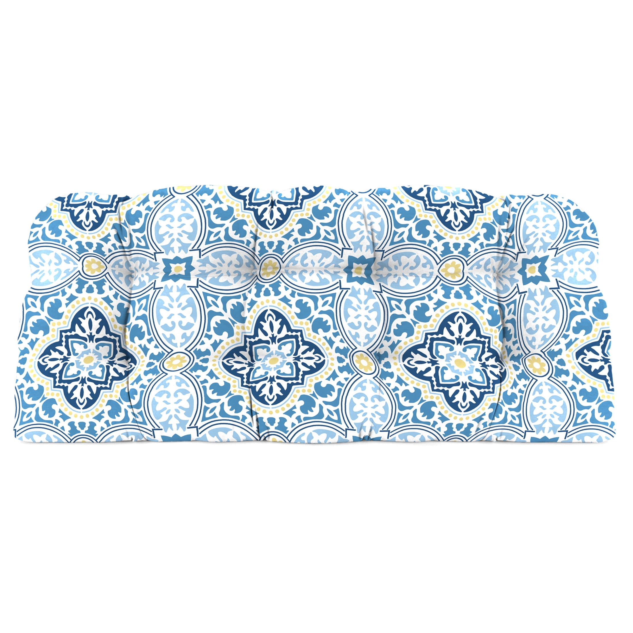 Jordan Manufacturing 44" x 18" Rave Sky Blue Quatrefoil Rectangular Tufted Contoured Outdoor Wicker Settee Bench Cushion