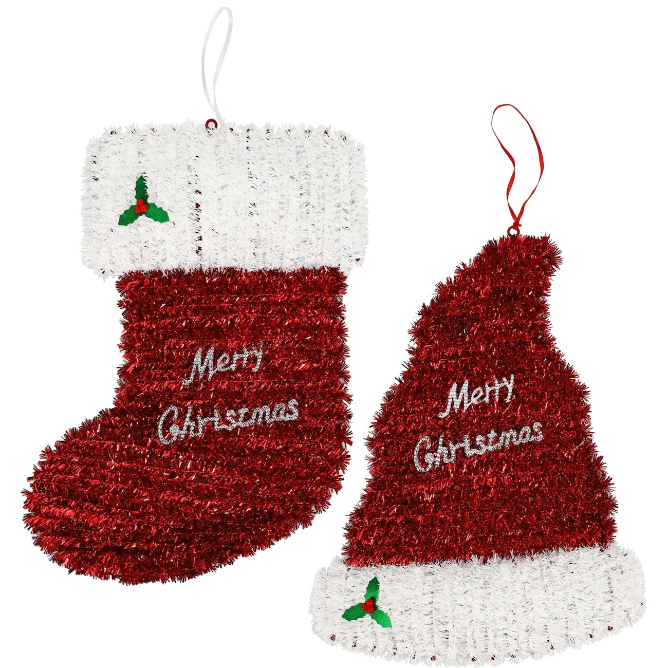 CGT Christmas Tinsel Santa Hat & Stocking Hanging Wall Signs Decoration