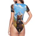 thumbnail image 3 of Uemuo Snowy Mountain Photography Bear Pattern Women's One Piece Short Sleeve Swimsuit Rash Guard Surfing Modest Quick-drying Swimsuit Beach Essentials-Small, 3 of 9