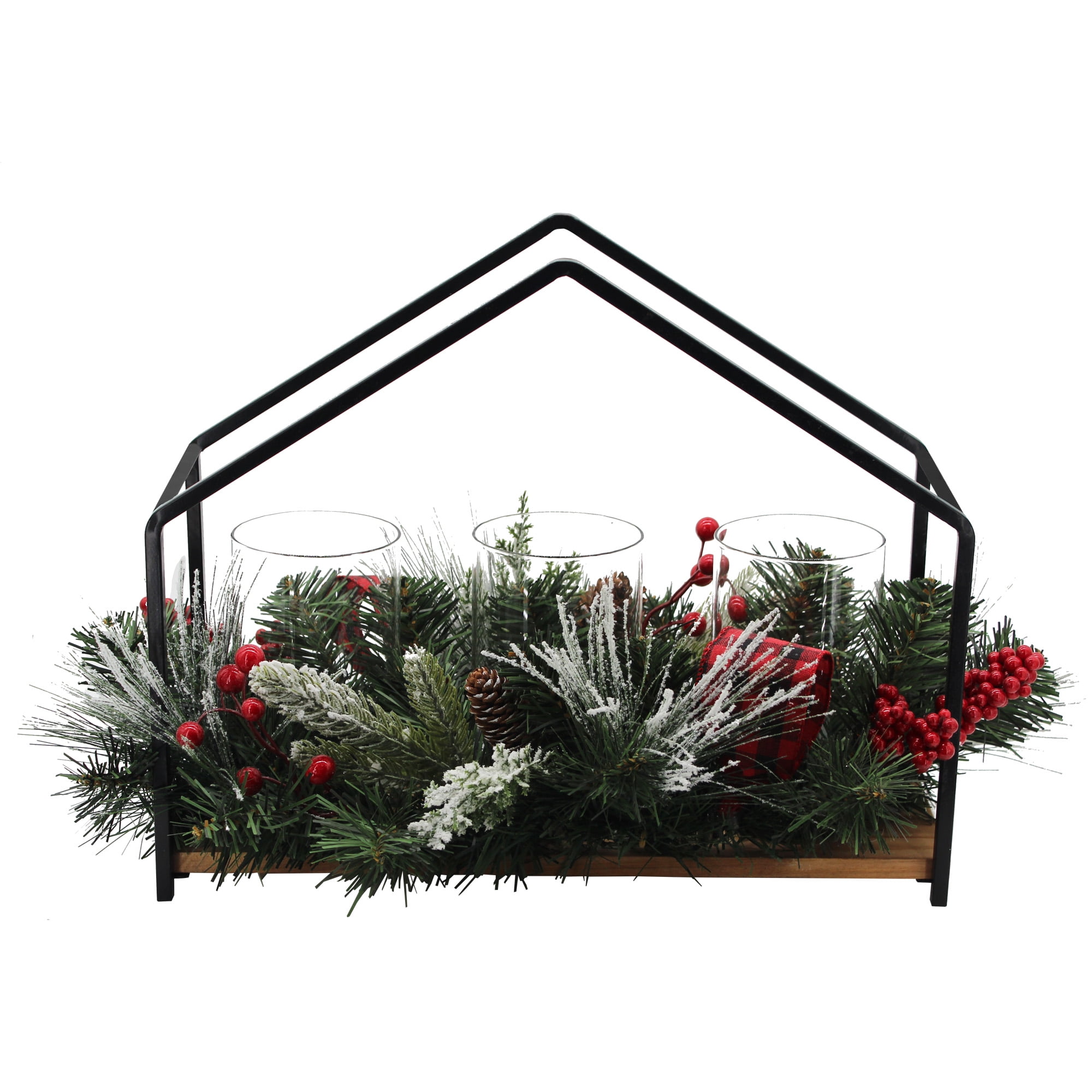 Holiday Time Christmas Pine Bundle Hurricane Candle Centerpiece, Black & Red
