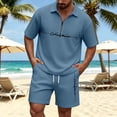 thumbnail image 2 of Men Solid Waffle Knit 2 Piece Set,Zip Neck Polo With California Letter Print & Drawstring Shorts Summer Casual Outfit Navy XXXXL, 2 of 4
