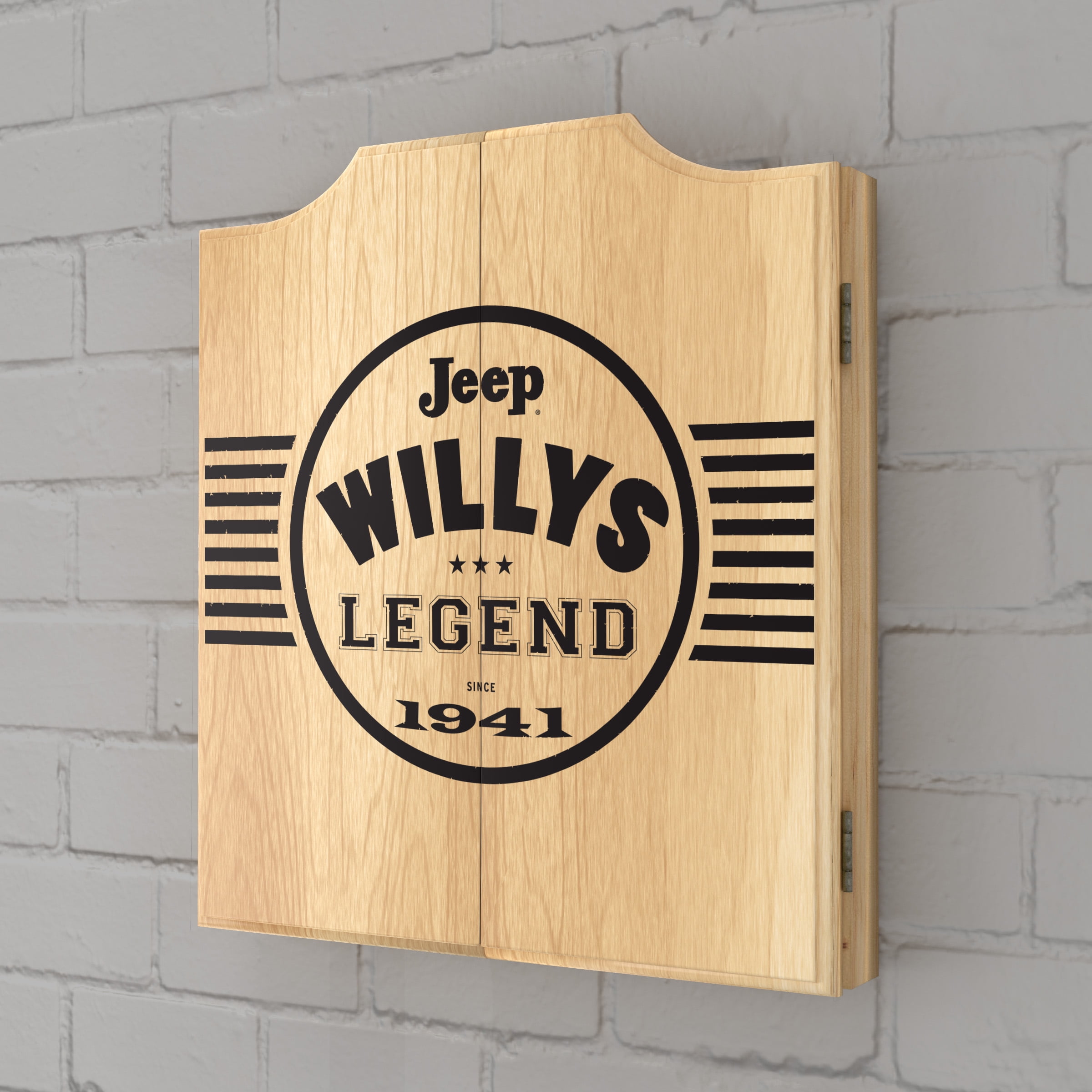 Jeep Willys Legend Black Dart Board Cabinet Set with 6 Steel Tip Darts
