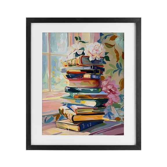 Stupell Industries Contemporary Vivid Bookstack by Window Black Framed Print Under Glass, 13 x 16, by Arlington Prints