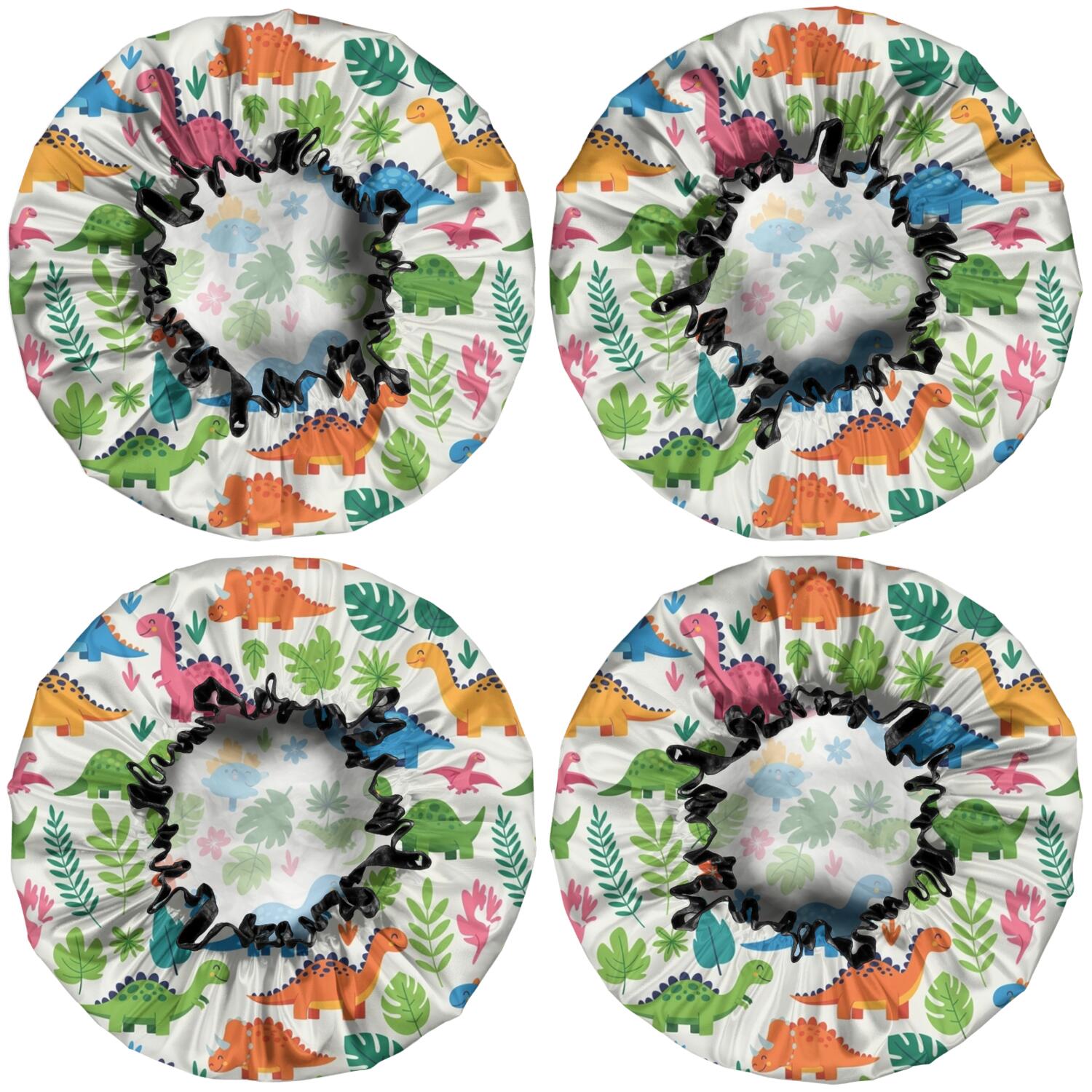 Shower Caps,White Cartoon Dinosaurs Jungle Pattern Waterproof Shower Cap for Women 4 Pieces,Double Reusable Hair Cover for Shower PEVA Elastic Stretch Hem