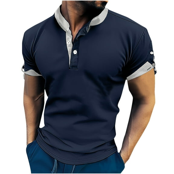 WREESH Men's Fashion T-Shirts Solid Color Spring Summer Short Sleeved Stand Collar Button Pullover Casual Sports T-Shirt Shirt Blouse Workout Tops Dark Blue