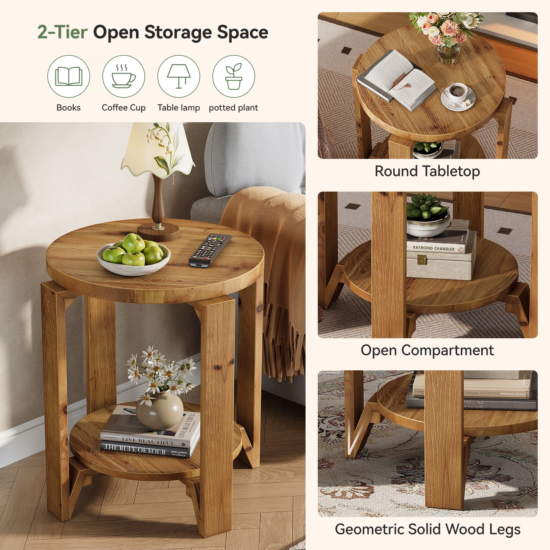 Finmind Solid Wood End Table, 19.69 Inch Round Sofa Side Table with Storage,  2-Tier  Farmhouse Wooden Nightstand for Living Room, Bedroom, Couch, Set of 2, Brown