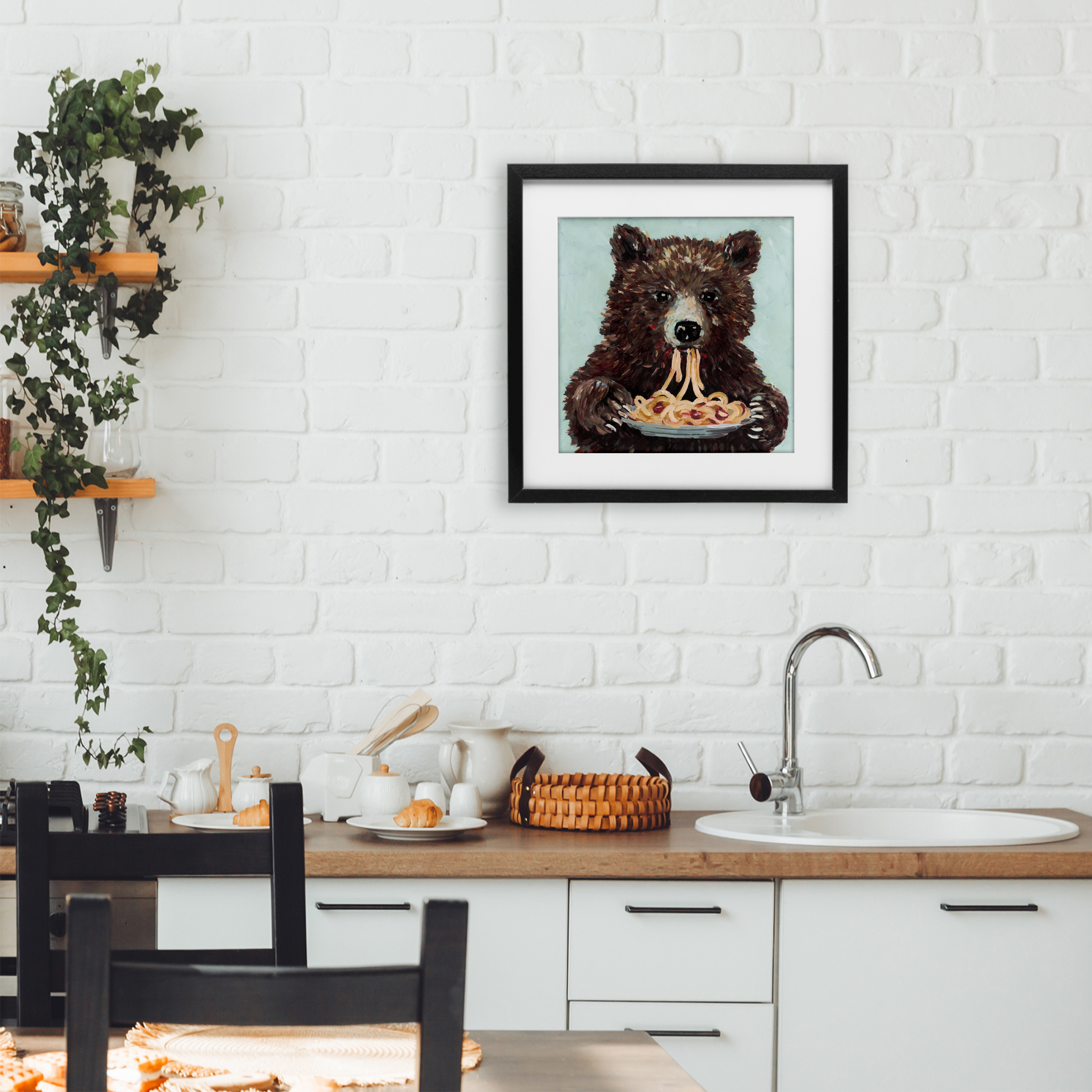 Whimsical Bear & Spaghetti Black Framed Print Under Glass, design by Studio Bautista