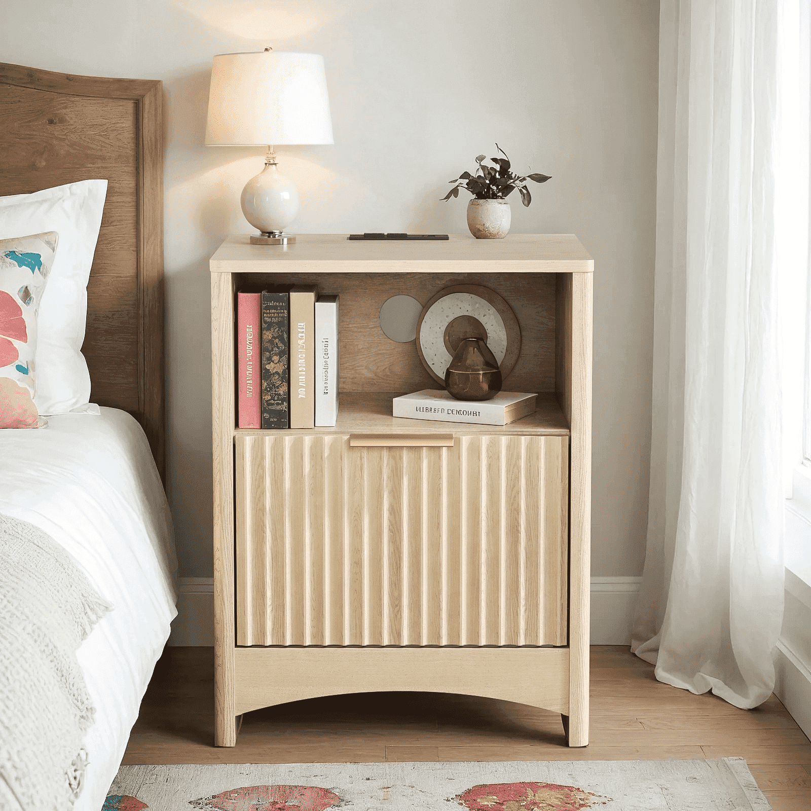 CHITOOMA Fluted Nightstand Set of 2 with Charging Station, Wood Bedside Table with Drawer & Open Shelf, Small End Table for Bedroom Living Room, Natural