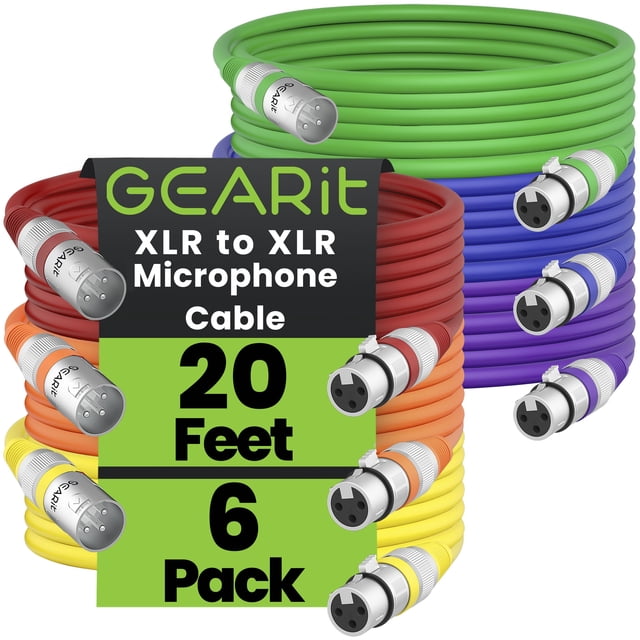 Cable de micrófono GearIt XLR a XLR de 20 pies, paquete de 6, macho a hembra