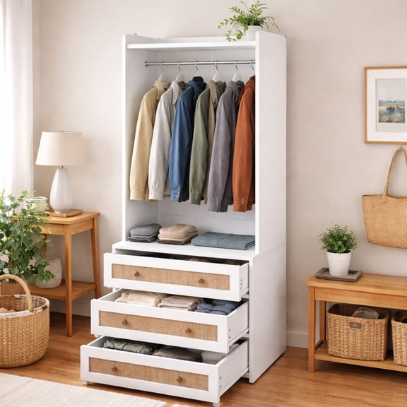 Hearthora White Wardrobe Closet with Hanging Rod and 3 Rattan Drawers, Freestanding Storage Cabinet