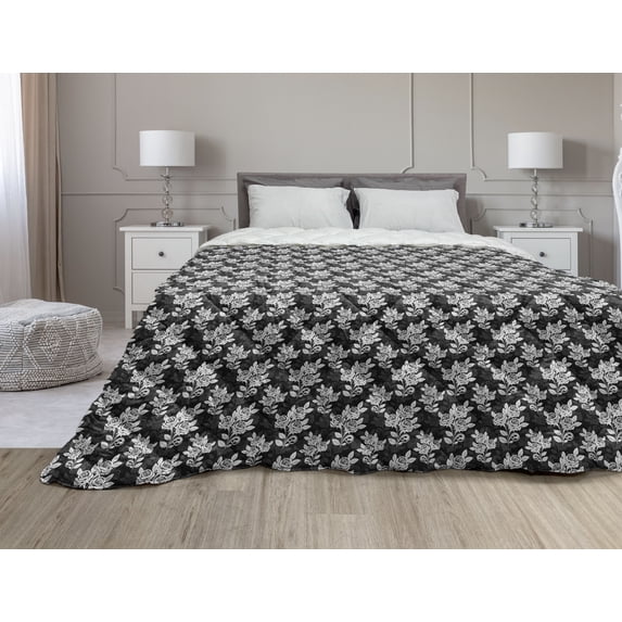 Exotic Down Alternative Comforter, Tropical Hibiscus Blossoms Paradise Hawaiian Aloha Foliage Jungle in Minimalist, Microfiber Quilt for All Season, 5 Sizes, Black and White, by Ambesonne