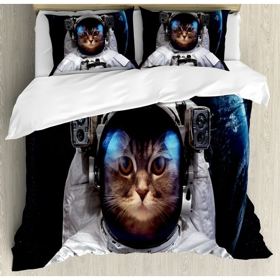 Ambesonne Space Cat Duvet Cover Set, Planet Earth Backdrop, King, White Green Dark Blue