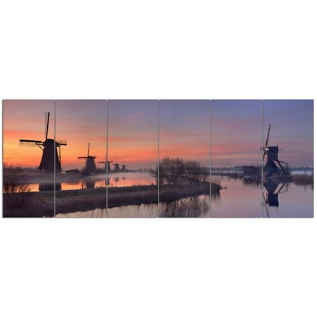 Orange Windmill - Design Art 'Windmills at Sunrise Panorama' 6 Piece Photographic Print Set on Canvas