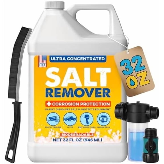 Concentrated Salt Remover Flush Kit (32 oz, USA-made): Includes corrosion protection — cleans boats, cars, marine engine/outboard motor; flushes salt away from vehicles, trailers.