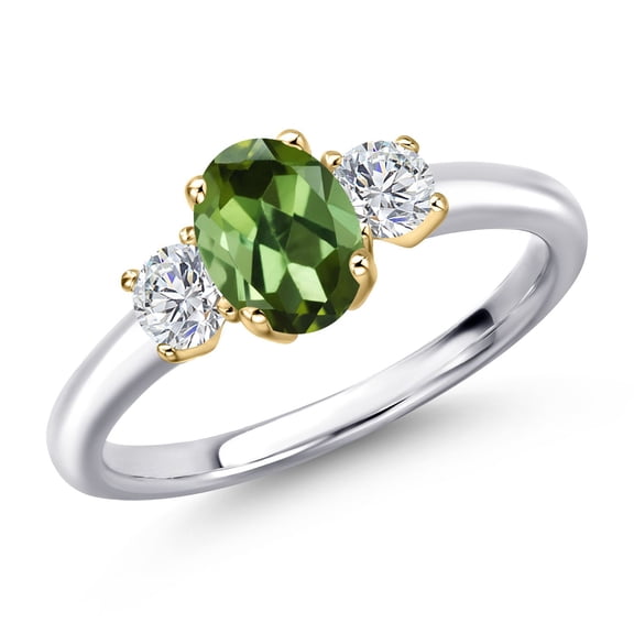 Gem Stone King 925 Silver and 10K Yellow Gold Green Tourmaline and Lab Grown Diamond Engagement Ring for Women | 1.04 Cttw | Oval 7X5MM | Gemstone October Birthstone | Size 7