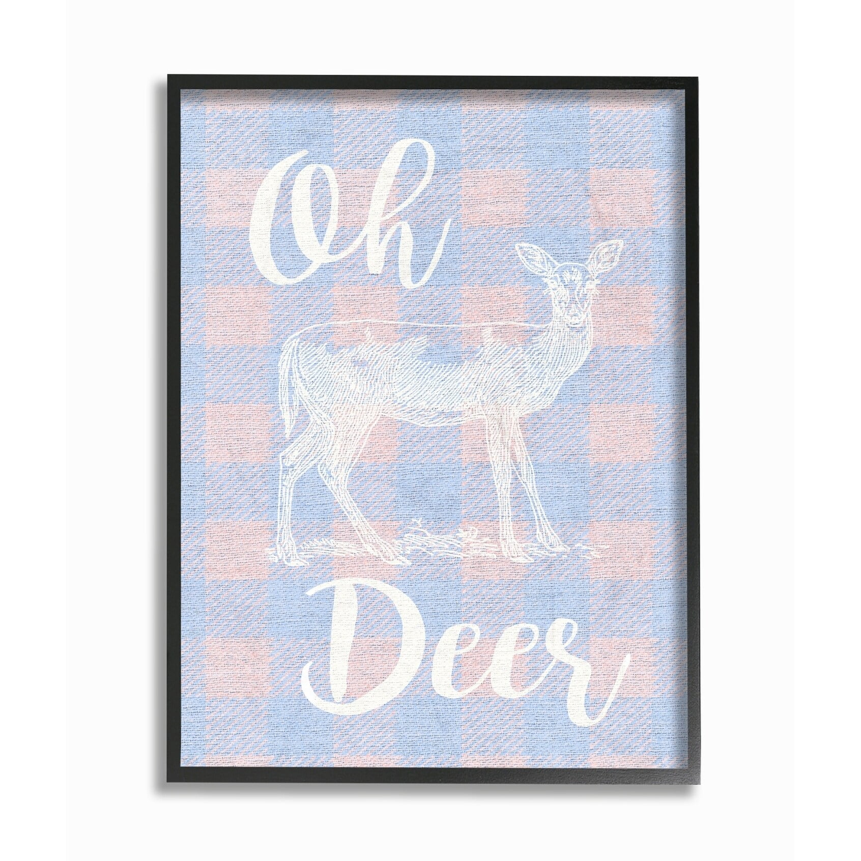 The Kids Room by Stupell Oh Deer White Stamp on Pink Plaid Framed Giclee Texturized Art, 11 x 1.5 x 14