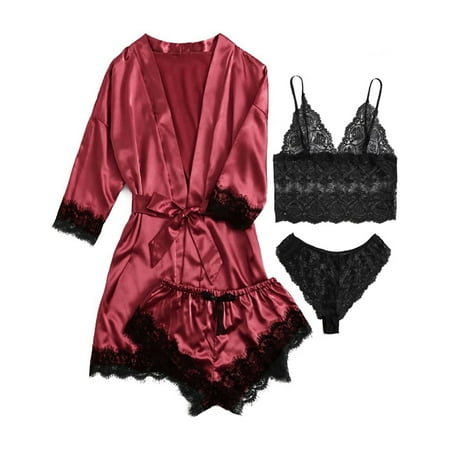 

Loliuicca Womens Spring and Summer Sexy Pajamas Floral Lace Trim Satin Suspender Pajamas Set With Robe