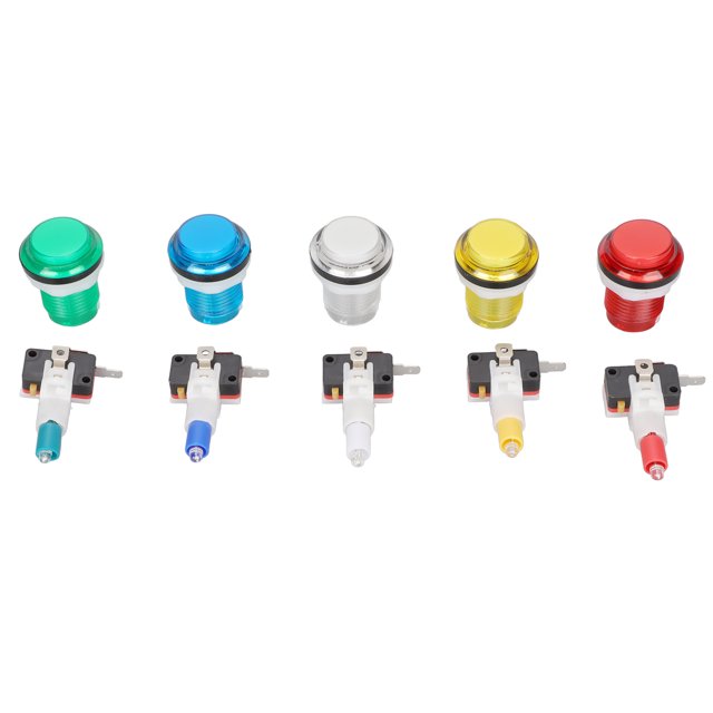Bouton Rond 32mm, Bouton Poussoir de Jeu d'Arcade avec Lumière, Interrupteur de Bouton de Machine d'Arcade DIY Auto-Réinitialisable, avec Lumière LED 5 Couleurs, pour Gamepad, Rouge Jaune Blanc Vert Bleu