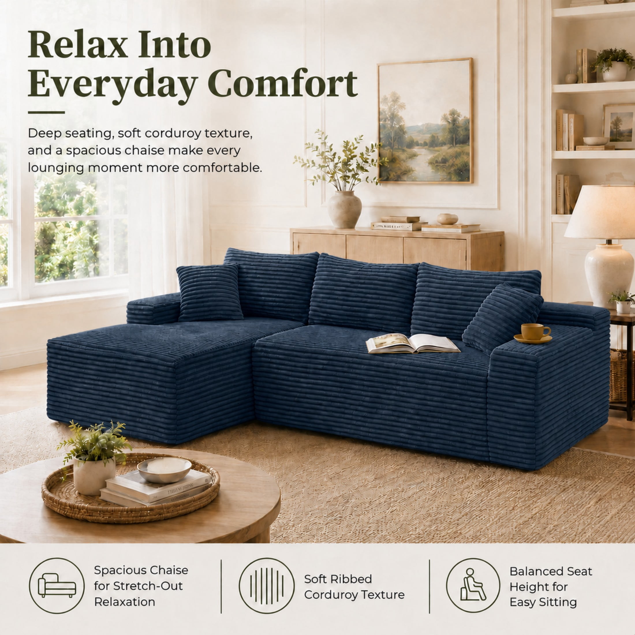 Aenkyo 106 Inch Corduroy L-Shaped Cloud Sectional Sofa with Reversible Chaise, Blue