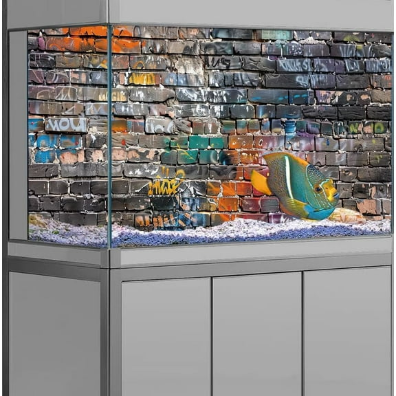 36X20IN Graffiti brick wall aquarium background, art graffiti theme brick wall Fish Tank Background, cool brick wall Terrarium background with 8 EVA Double-Sided Tape