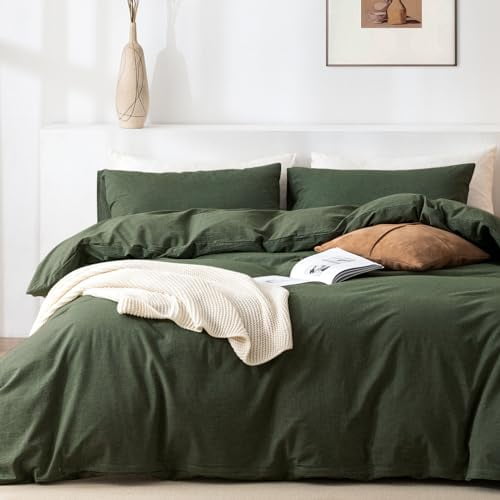 TIPTOE BEAR Queen Duvet Cover Set- 100% Washed Cotton 3 Pcs Soft Comfy Breathable Chic Linen Feel Bedding, 1 Duvet Cover and 2 Pillow Shams, Olive Green