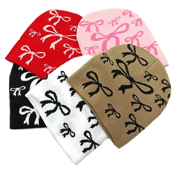 Winter Beanies Bow Print Fleece-Lined Beanie with Earflaps,Warm Windproof Beanie Hat for Men & Women