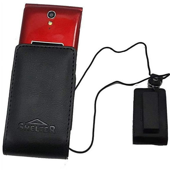 Around the neck Open top Rugged leather case with Pinch clip that rotates fits Consumer Cellular Link Flip Phone Flip Phone