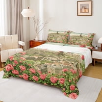 Manfei Teens Adults Eiffel Tower Twin Sheet Sets 3pcs,Romantic Valentine's Day Twin Fitted Sheet Microfiber,Chic Floral Rose Breathable Flat Sheet,Super Cozy Room Decor