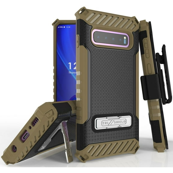 Case with Clip for Galaxy S10, Brown Tri-Shield [Military Grade] Rugged Cover with Metal Kickstand [Includes Wrist Strap Lanyard   Belt Hip Holster] for Samsung Galaxy S10 Phone (SM-G973)