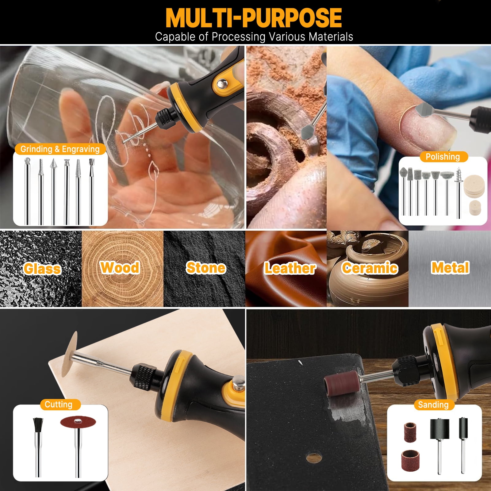 CandWuom Rotary Tool Kit, Hand Rotary Tools Mini for Wood/Metal, Electric Cordless Grinder Drill Machine Set with Flex Shaft for Carving, Cutting, Sanding, Grinding, Polishing, Engraving
