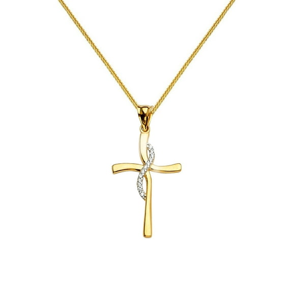 Precious Stars 14K Yellow Gold Religious 1 3/16" Cross Unisex Pendant with 16" Chain Necklace