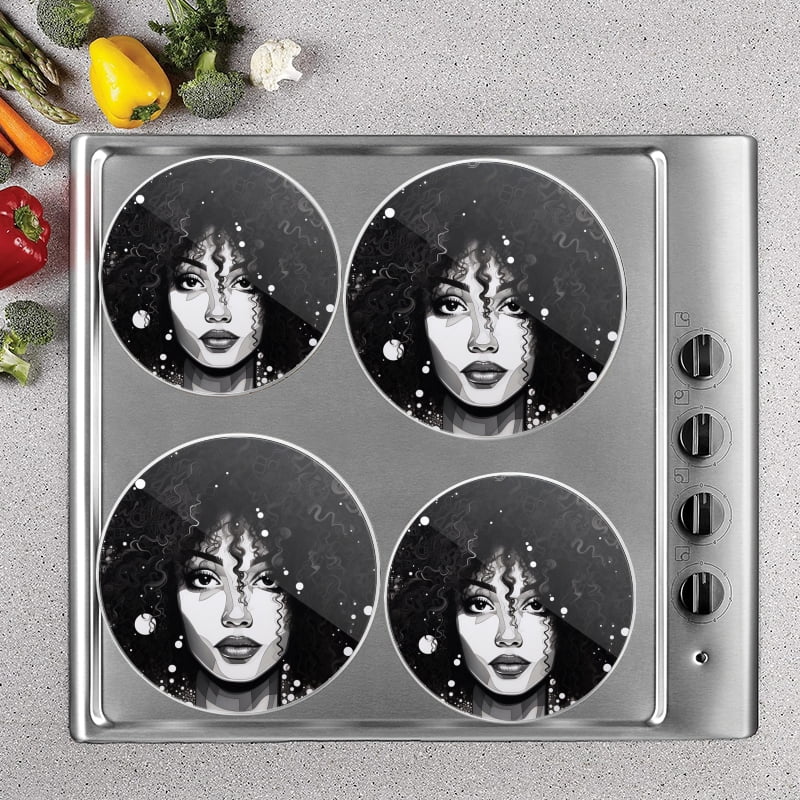 BaHomeck Electric Stove Burner Covers Set of 4,Round Metal Gas Stove Burner Covers 8 Inch and 10 Inch,Kitchen Decor,Beautiful Woman With Big Curly Hair And Detailed Face