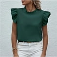 thumbnail image 2 of RYRJJ Women's Elegant Shirt Tops Ruffle Cap Sleeve Dressy Casual Blouses Keyhole Back Frill Trim Mock Neck Shirts(Green,S), 2 of 5