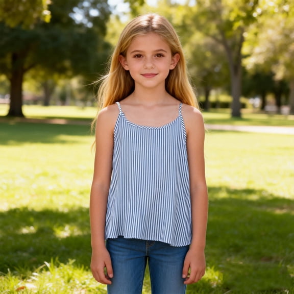 Eltusu Girls Tank Tops, Summer Striped Crew Neck Casual Sleeveless T-Shirts Blue Size 7-8 T