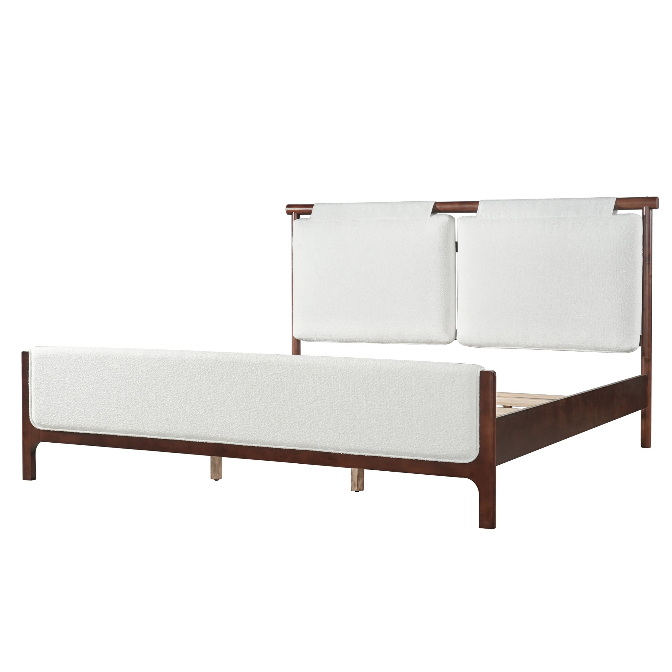 Christopher Knight Home King Platform Bed with White Upholstered, Wood Frame, Dark Walnut Finish