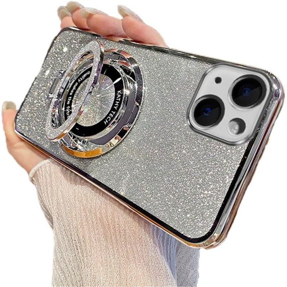 Magnetic Case for iPhone 13 Case Glitter Sparkle with Stand Phone Case [Compatible with MagSafe] Slim Shiny Luxury Plating Shockproof Protective Women Girls Cover Case for iPhone 13 Sliver YD